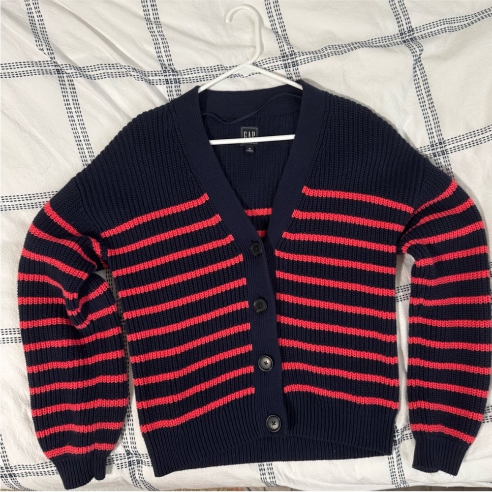 GAP Women's Cardigan in Navy and Red Stripes